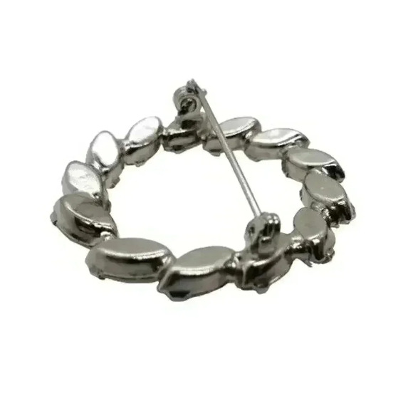 Vintage Rhinestone Brooch Faceted Leaves Wreath Circle Rhodium Plate Statement - Picture 4 of 5